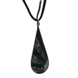 Vintage Tear Drop Women’s Medallion Cord Necklace Alpaca Mexico Abalone 2 in